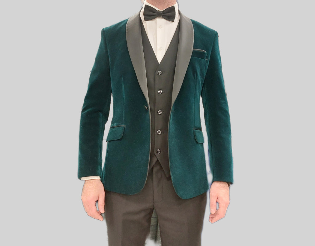 Green velvet tuxedo with black waistcoat & trouser 3 piece suit for hire