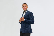 Load image into Gallery viewer, Navy Velvet tuxedo jacket, with black waistcoat & trouser 3 piece suit for hire