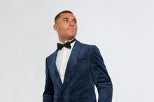 Load image into Gallery viewer, Navy Velvet tuxedo jacket, with black waistcoat & trouser 3 piece suit for hire