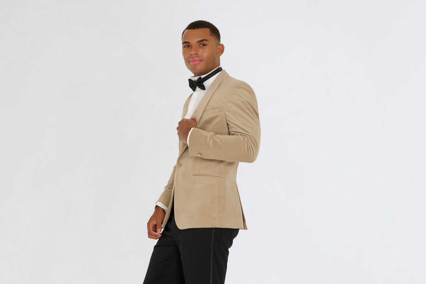 Ecru Velvet tuxedo jacket, with black waistcoat & trouser 3 piece suit for hire