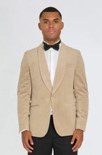 Load image into Gallery viewer, Ecru Velvet tuxedo jacket, with black waistcoat & trouser 3 piece suit for hire