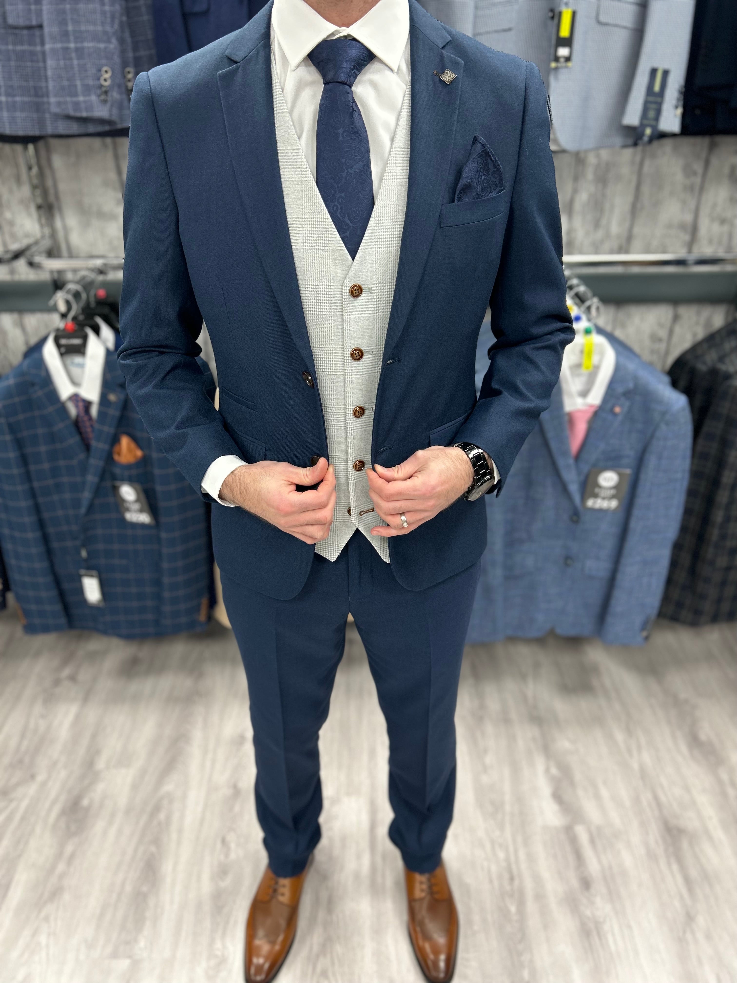 Calvin Blue 3 Piece with Mark waistcoat suit for hire (Price includes