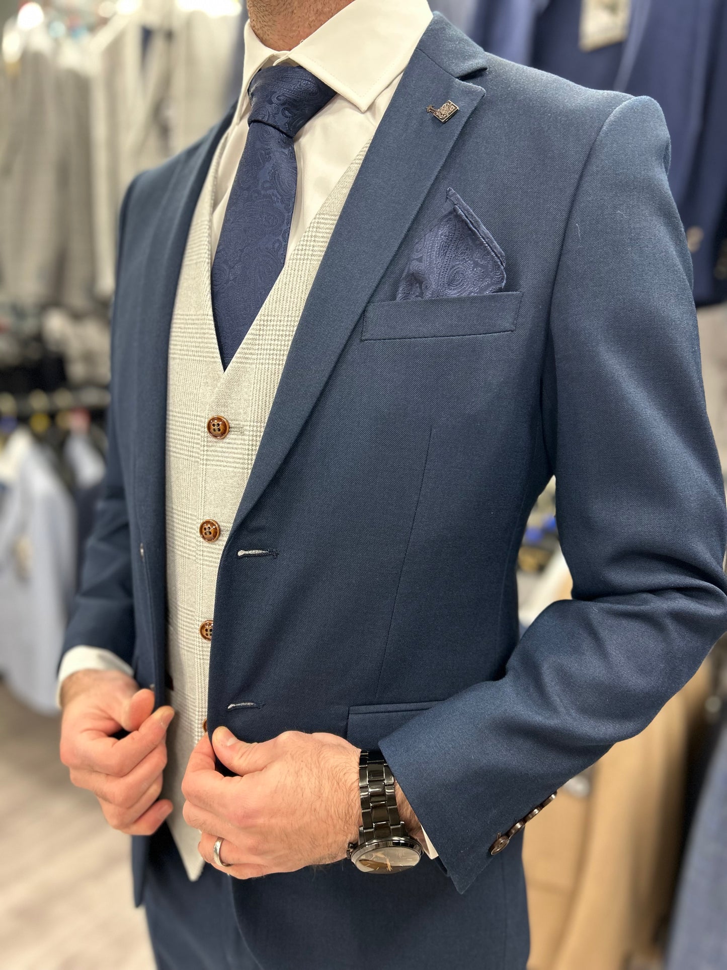 Calvin Blue 3 Piece with Mark waistcoat suit for hire