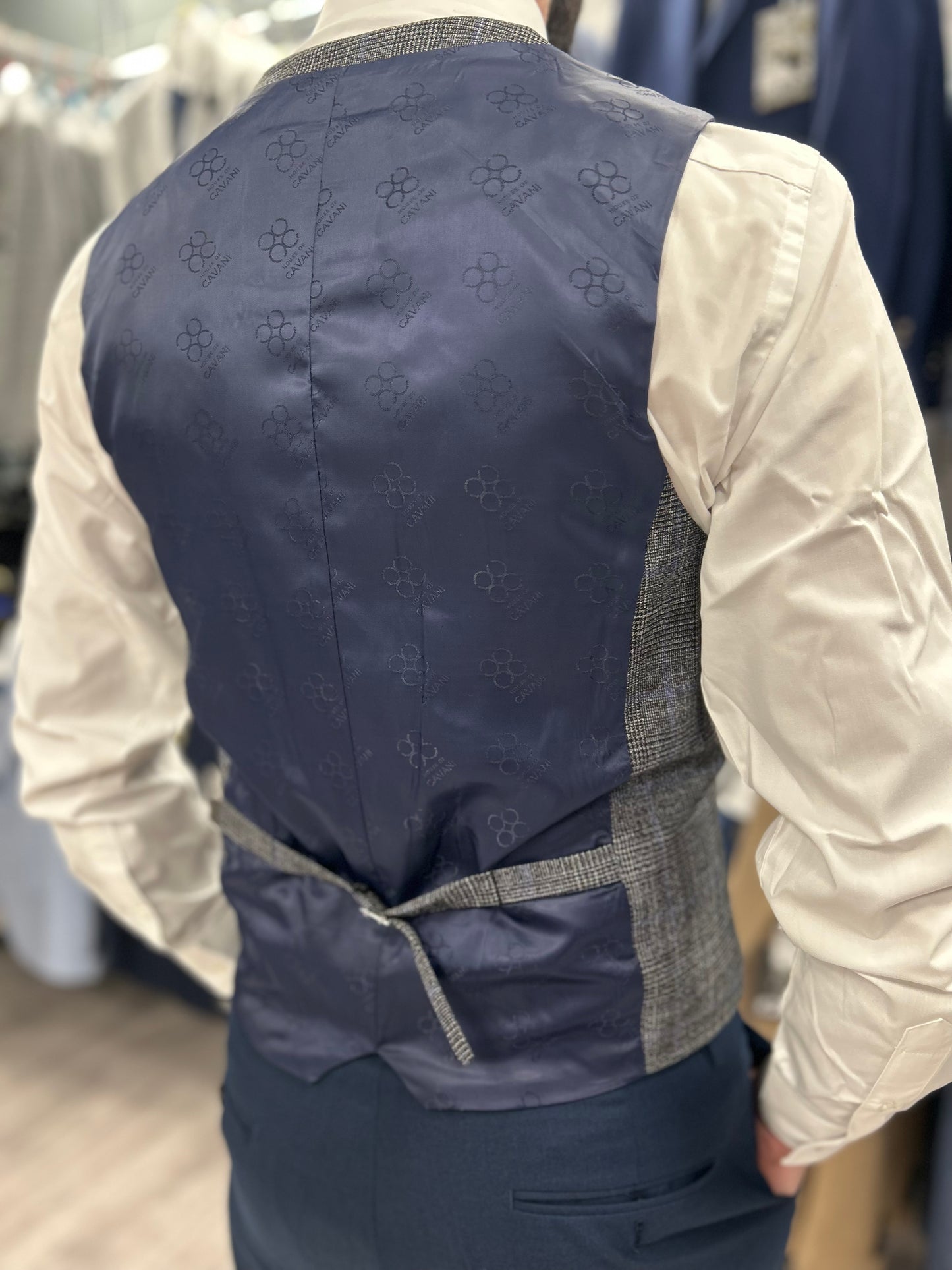The Dalton Grey Check with navy trouser suit for hire