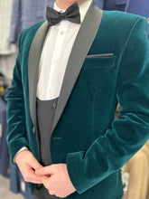 Load image into Gallery viewer, Green velvet tuxedo with black waistcoat & trouser 3 piece suit for hire