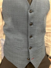 Load image into Gallery viewer, Parker black 2 piece with Viceroy blue checked waistcoat suit for hire