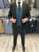 Load image into Gallery viewer, Parker black 2 piece with Viceroy blue checked waistcoat suit for hire