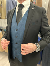 Load image into Gallery viewer, Parker black 2 piece with Viceroy blue checked waistcoat suit for hire