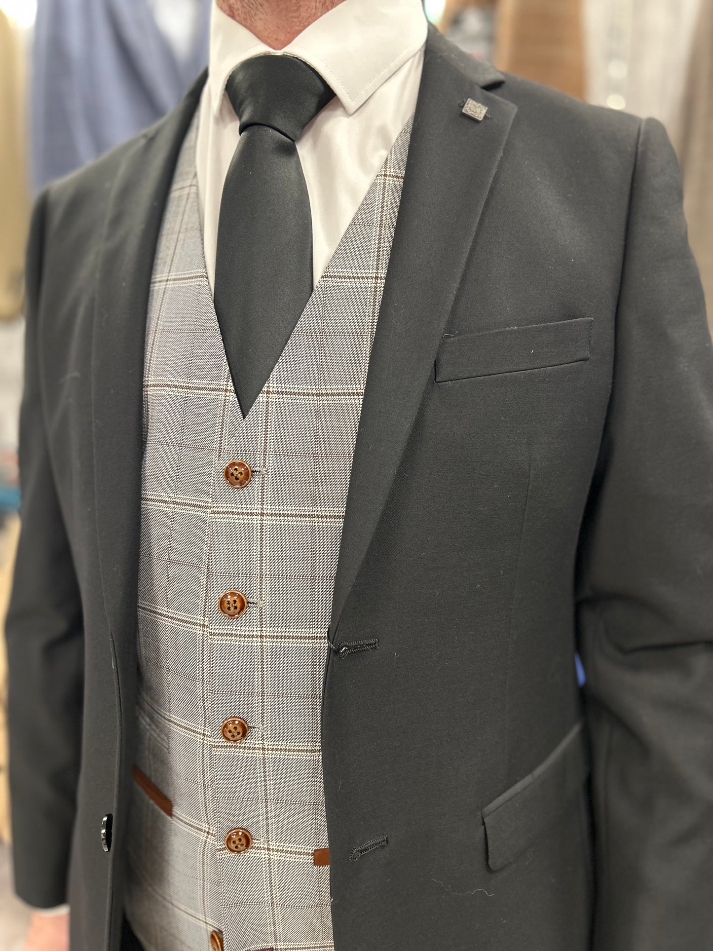 Parker black 2 piece with francis light grey waistcoat suit for hire