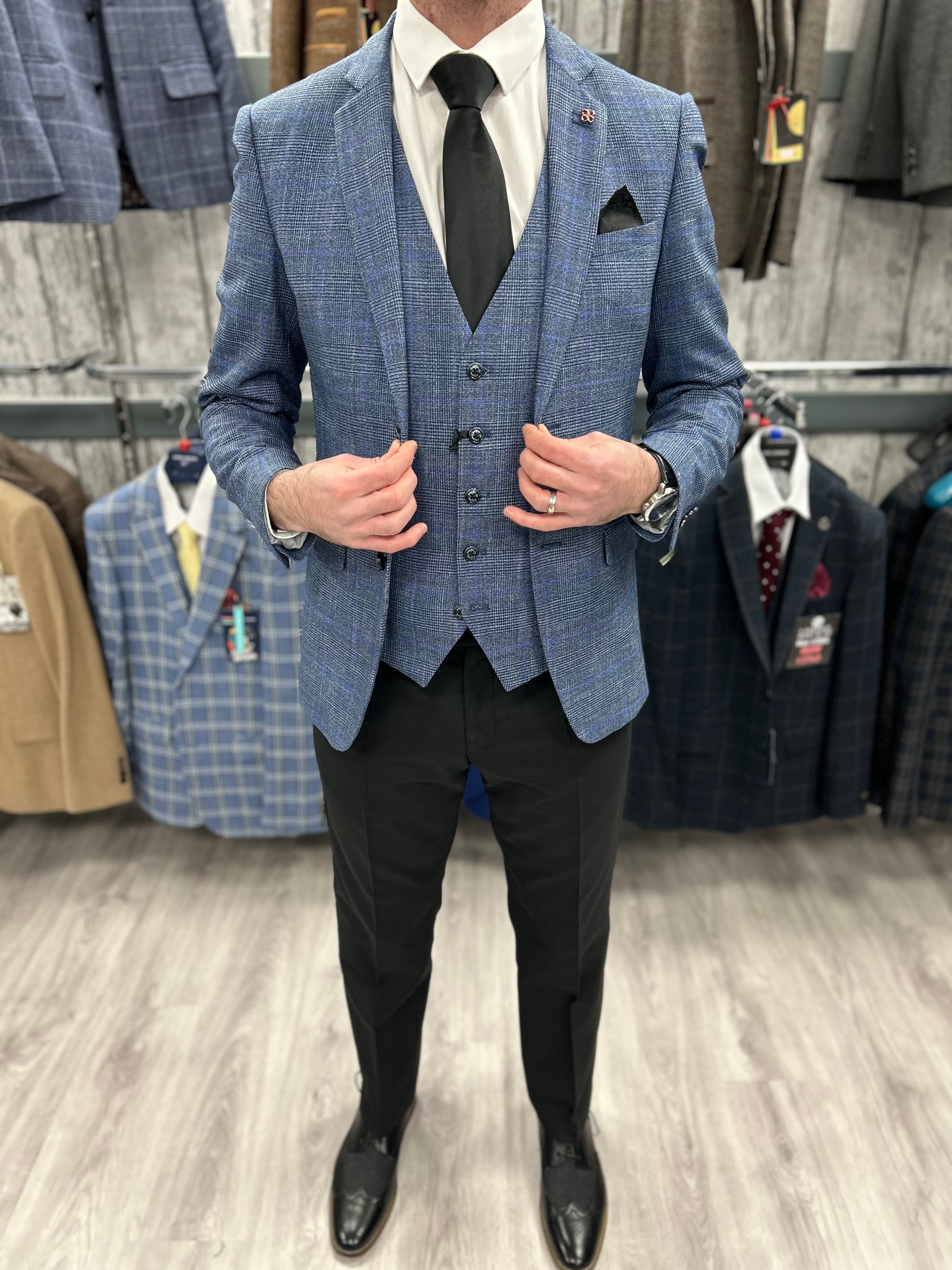Phantom Blue Jacket Waistcoat Black Trousers – MJ's Menswear Derry