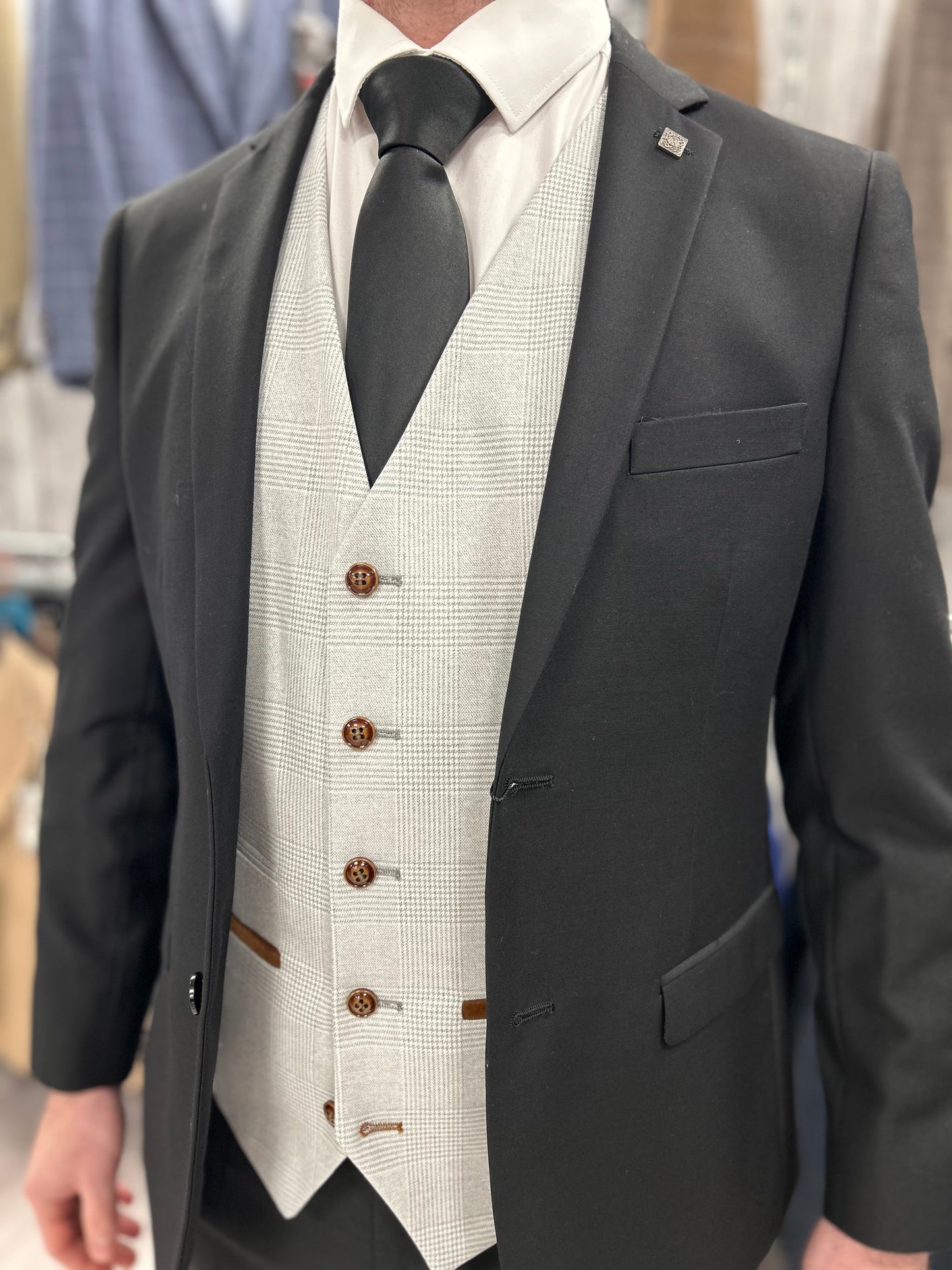Parker black 2 piece with Mark Stone waistcoat suit for hire