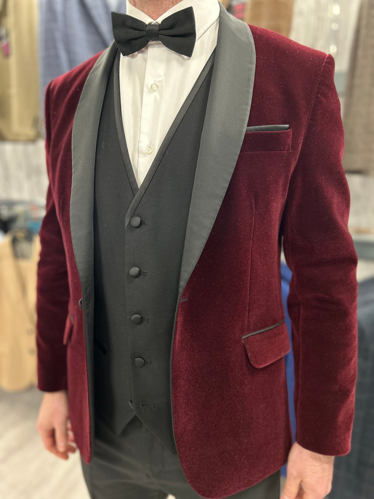 Wine velvet tuxedo suit with black trouser and waistcoat for hire