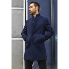 Load image into Gallery viewer, Navy Funnel Neck Wool Blend Ovecoat