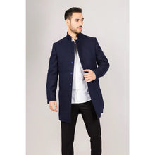 Load image into Gallery viewer, Navy Funnel Neck Wool Blend Ovecoat