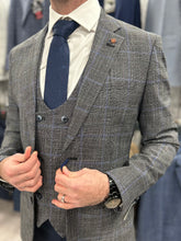 Load image into Gallery viewer, Power Grey Check with navy trouser suit for hire