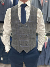Load image into Gallery viewer, Power Grey Check with navy trouser suit for hire