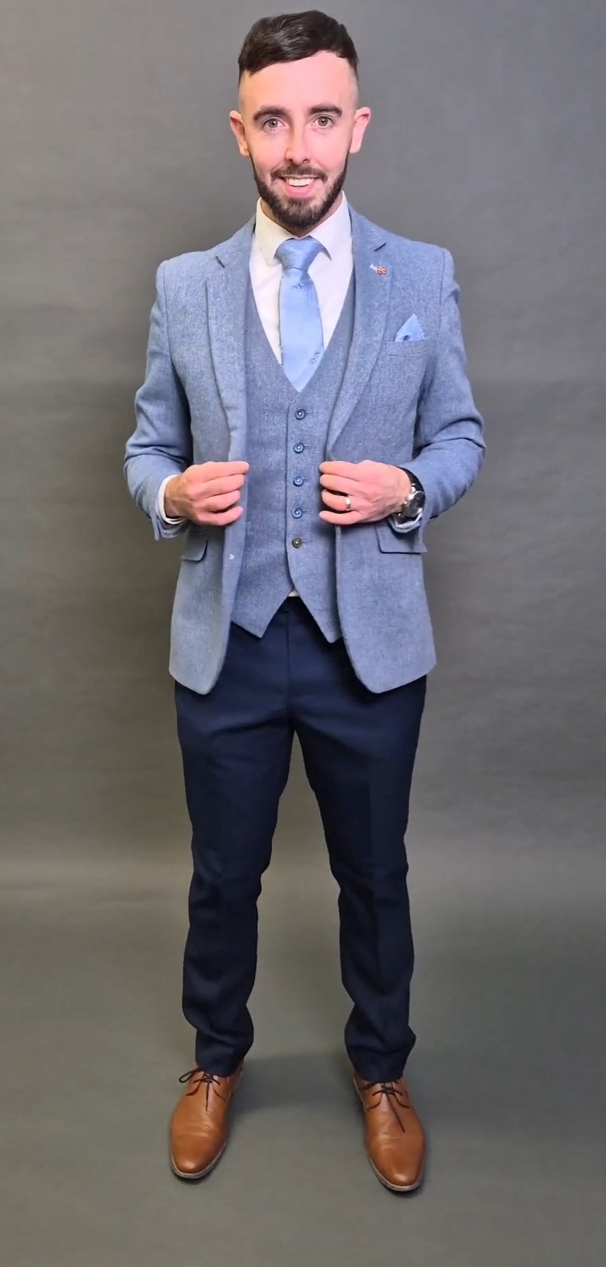 MJ's Blue Tweed jacket & waistcoat, with calvin blue trouser for hire