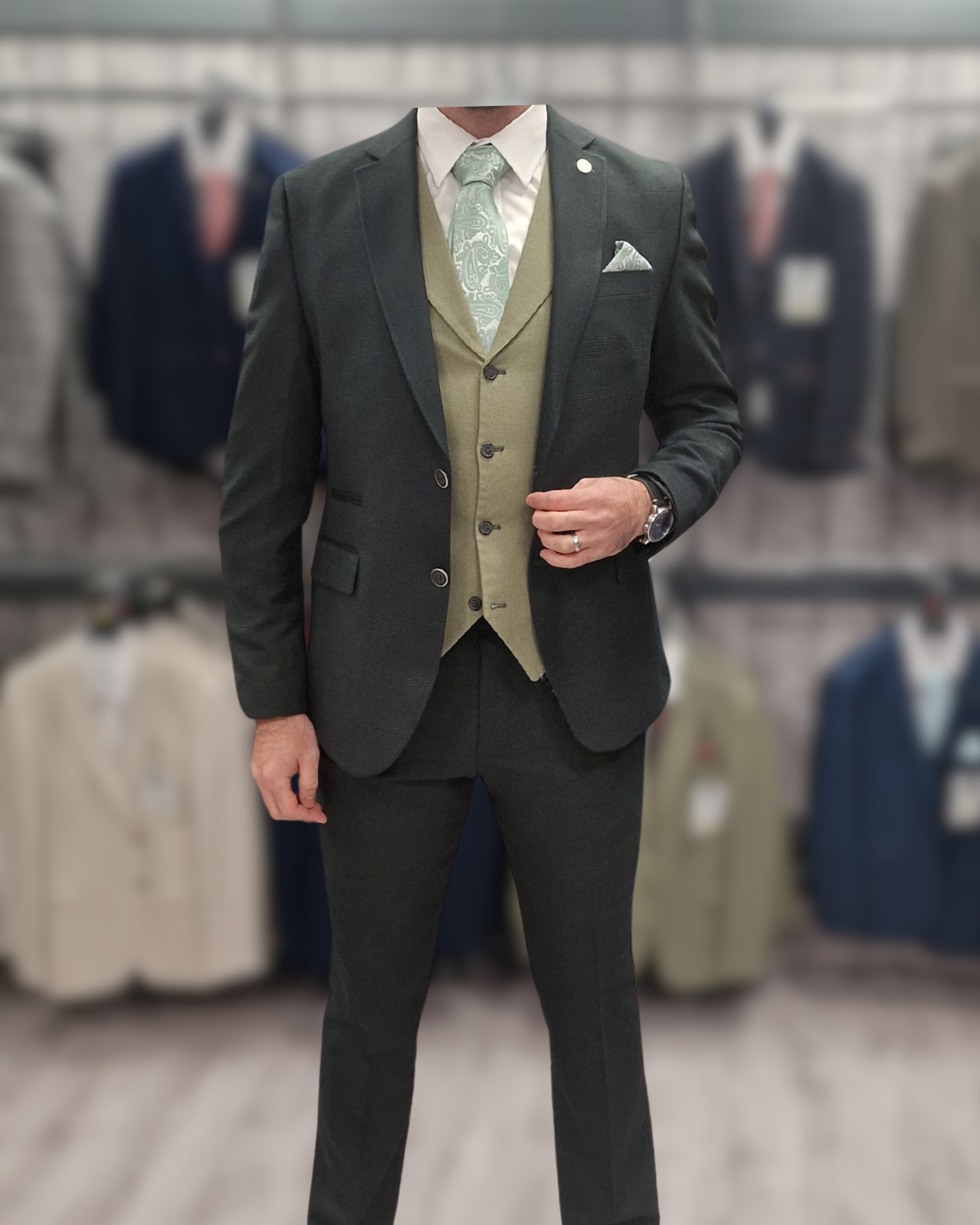 MJ Olive 2 Piece with TC Sage Waistcoat for hire