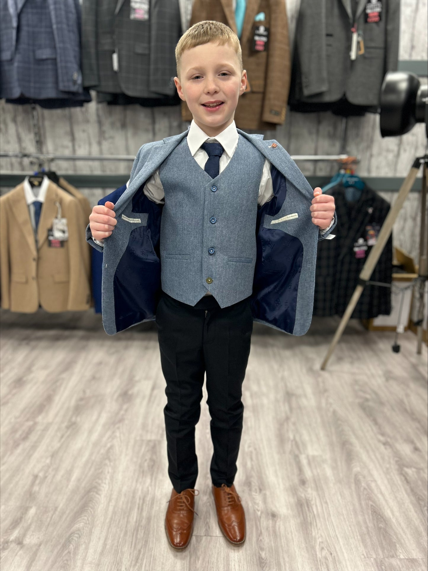 MJ's Light Blue Tweed 3 Piece Suit with navy trouser