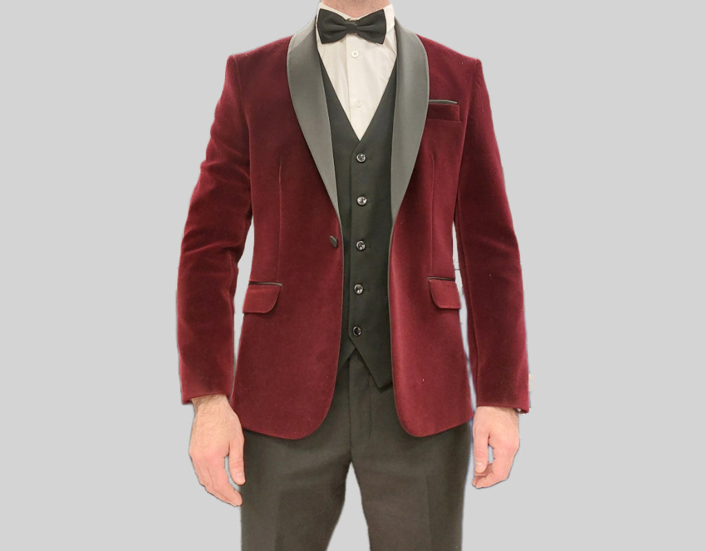 Wine velvet tuxedo with black waistcoat & trouser 3 piece suit for hire