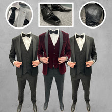 Load image into Gallery viewer, Wine Velvet Tux + Harry Tux Hire Wedding Quotation