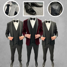 Load image into Gallery viewer, Wine Velvet Tux Jacket and black satin waistcoat + Harry Tux Hire Wedding Quotation