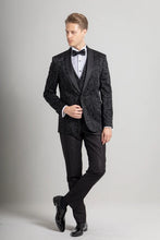Load image into Gallery viewer, Black Floral tuxedo jacket & waistcoat, with black trouser 3 piece suit for hire