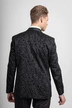 Load image into Gallery viewer, Black Floral tuxedo jacket & waistcoat, with black trouser 3 piece suit for hire