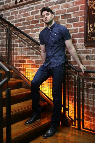 Outrage Booth Short Sleeve Shirt Navy Print - MJ's Menswear Derry