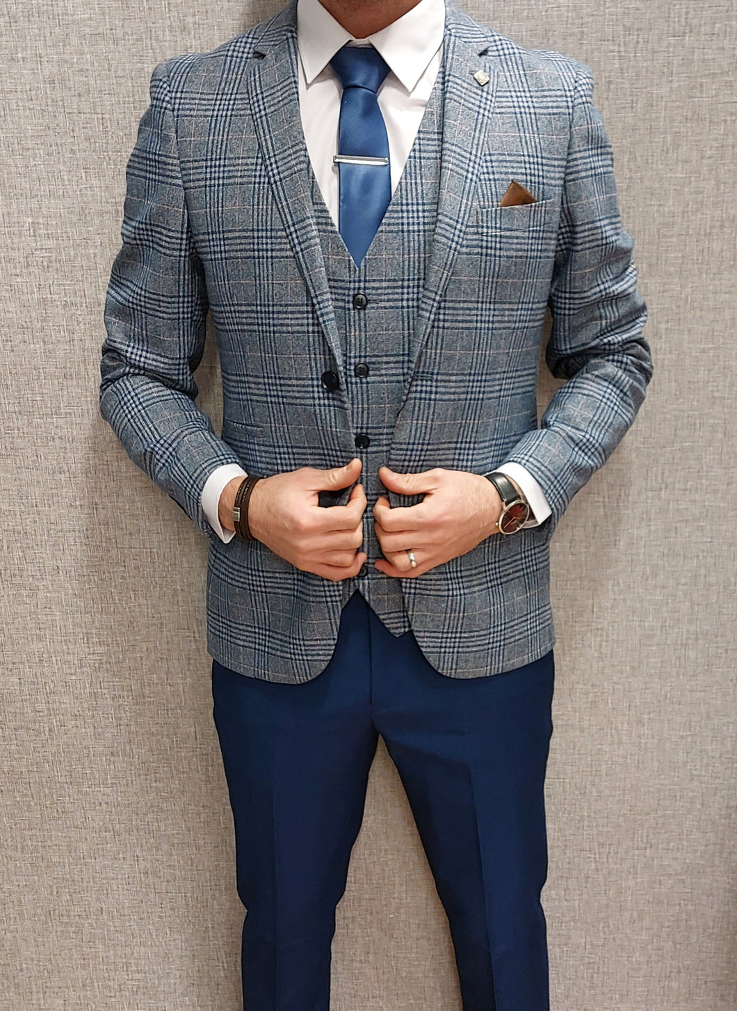 Viktor blue jacket & waistcoat, with calvin blue trouser for hire