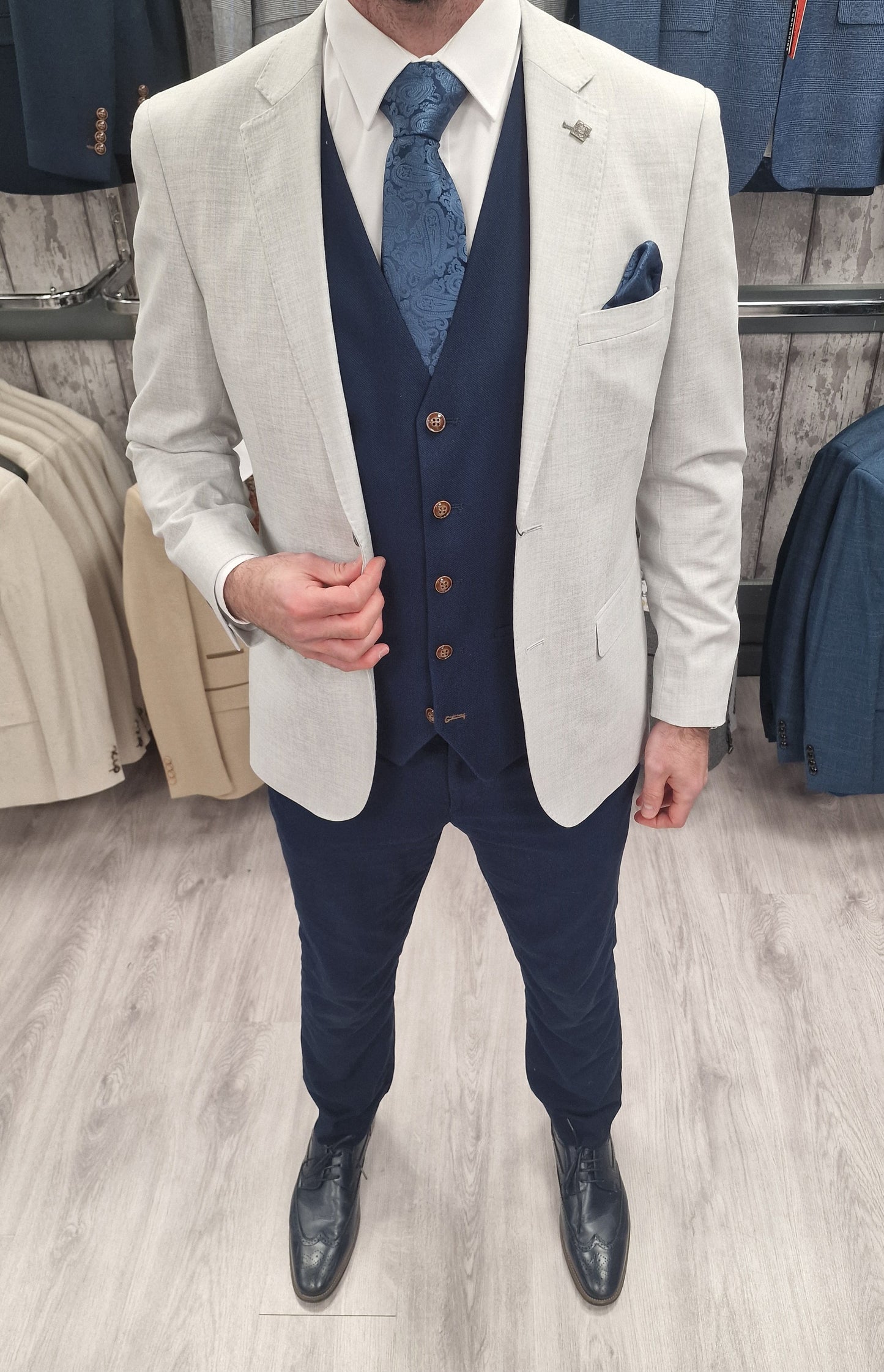 Belmont Silver Jacket with Navy Waistcoat + Trousers