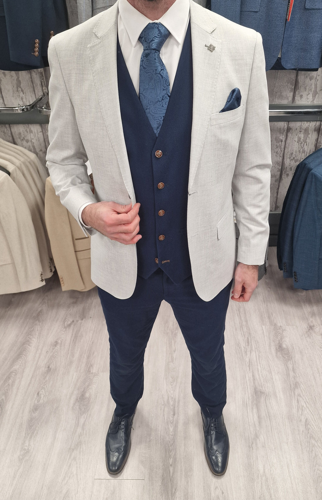 Belmont Silver Jacket with Navy Waistcoat + Trousers