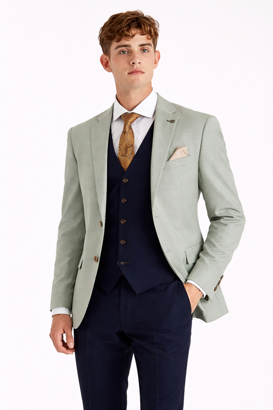 Belmont Sage Jacket with navy waistcoat and trouser