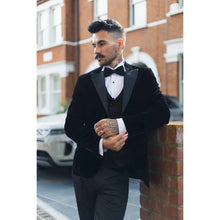 Load image into Gallery viewer, Black Velvet tuxedo jacket, with black waistcoat &amp; trouser 3 piece suit for hire
