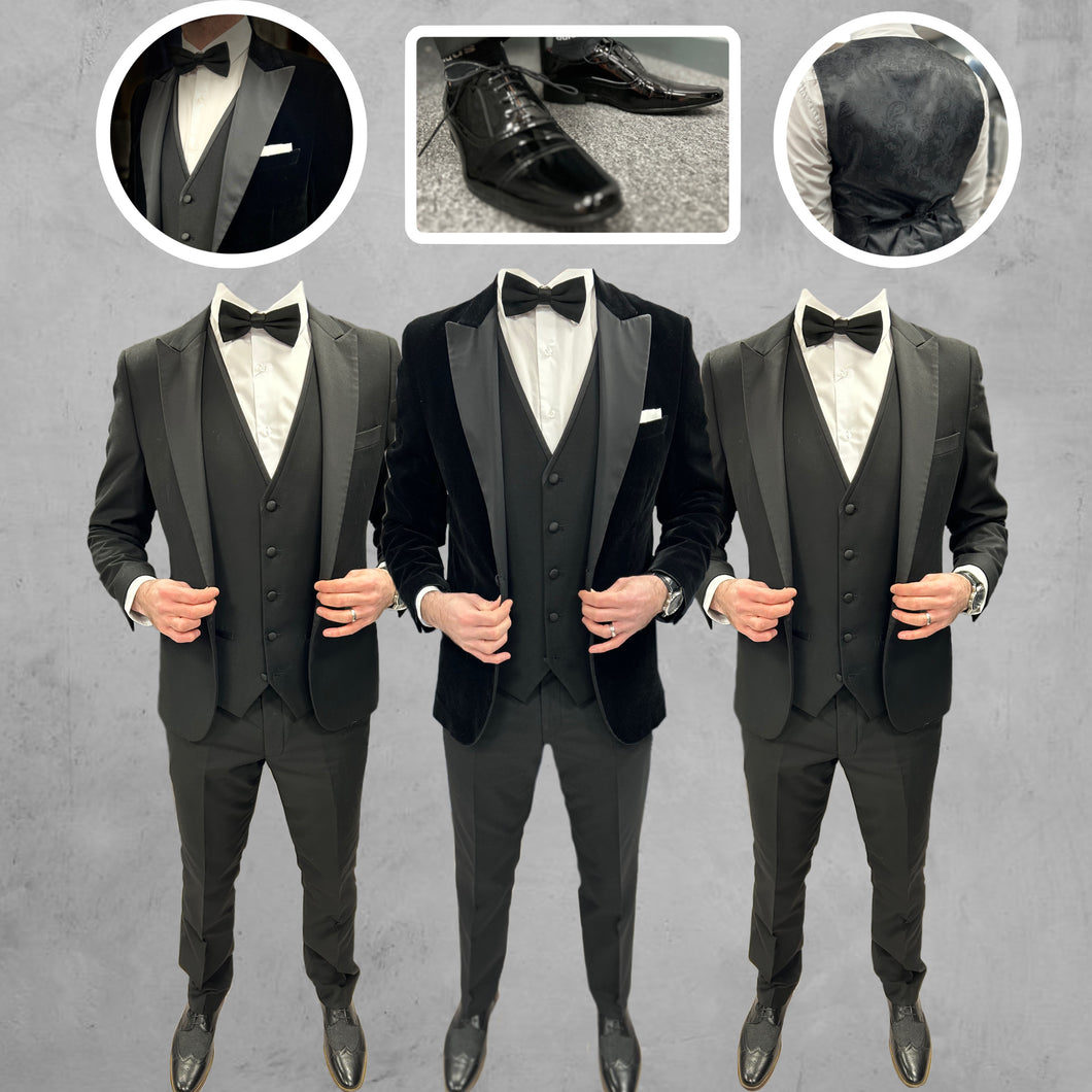 Black Velvet Tux Jacket and black satin waistcoat + Harry Tux Hire Wedding Quotation