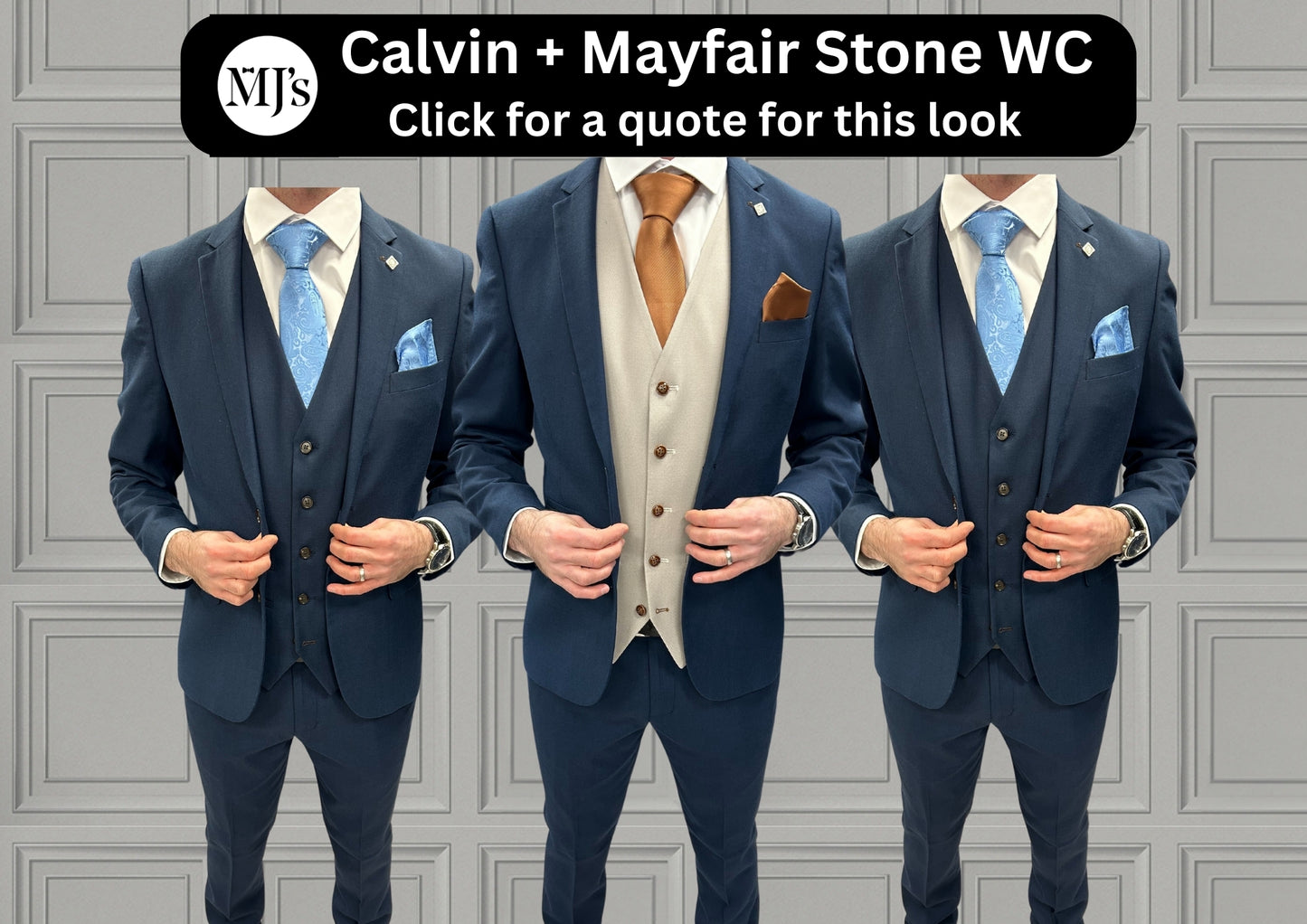 Calvin with Mayfair Stone + Calvin Navy Hire Wedding Quotation