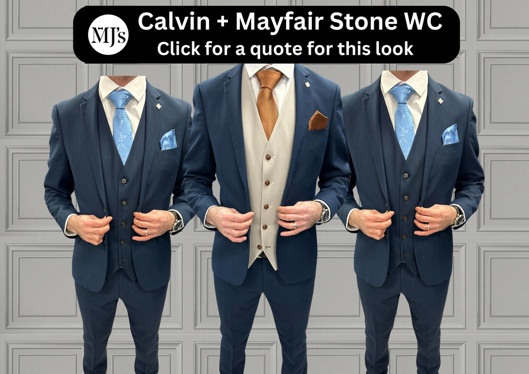 Calvin with Mayfair Stone + Calvin Navy Hire Wedding Quotation