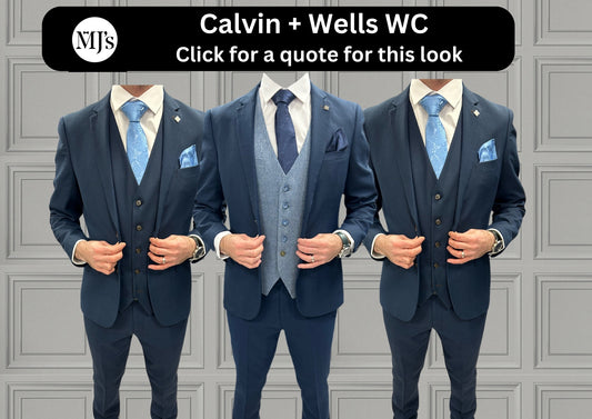 Calvin with MJ's Blue Tweed waistcoat + Calvin Navy Hire Wedding Quotation