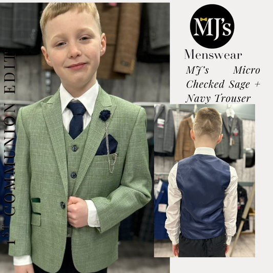 MJ's Sage Green Micro Checked Boy's 3 Piece Suit