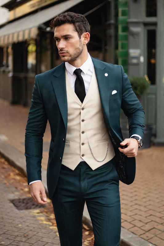 MJ's Olive 2 Piece Suit with cream waistcoat For Hire