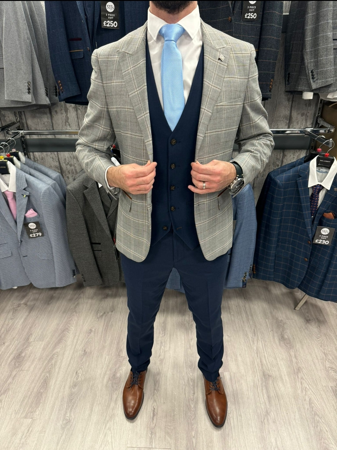 Grey jacket with navy trousers online