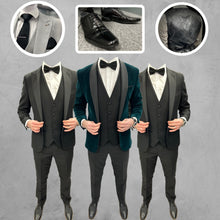 Load image into Gallery viewer, Green Velvet Tux Jacket and black satin waistcoat + Harry Tux Hire Wedding Quotation
