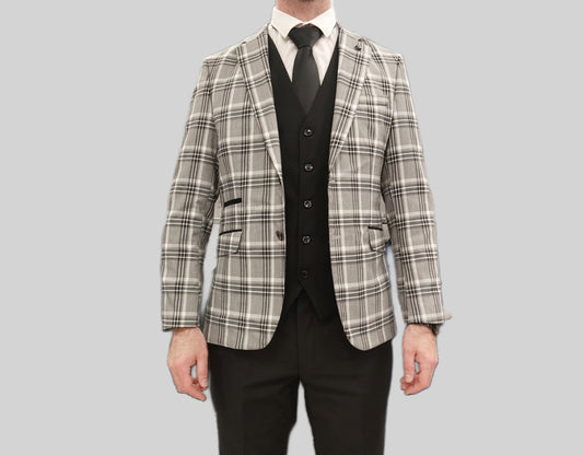 Vibrant Grey and black check jacket with black waistcoat & trouser 3 piece suit for hire