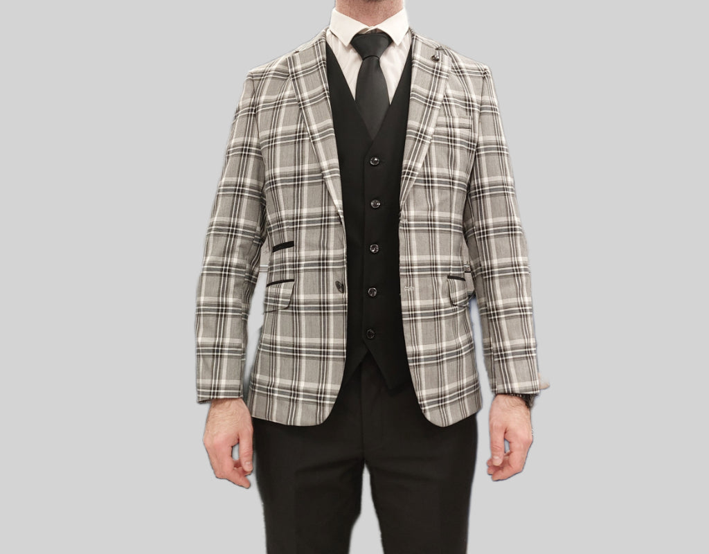 Vibrant Grey and black check jacket with black waistcoat & trouser 3 piece suit for hire