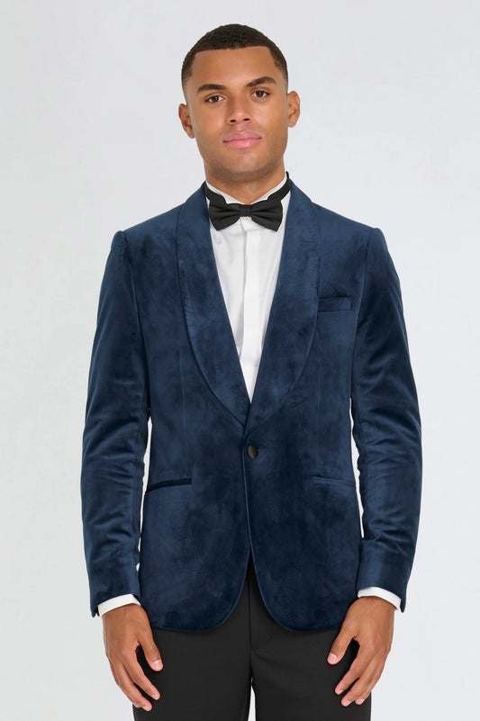 Navy Velvet tuxedo jacket, with black waistcoat & trouser 3 piece suit for hire