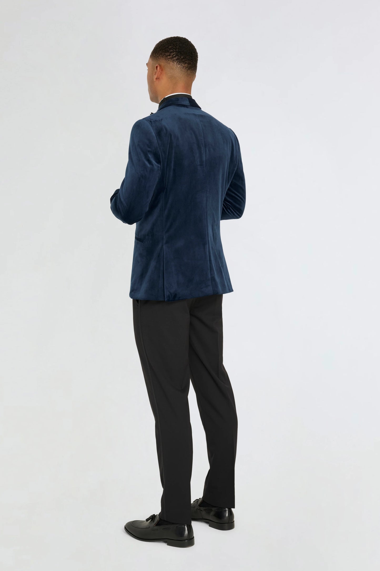 Navy Velvet tuxedo jacket, with black waistcoat & trouser 3 piece suit for hire