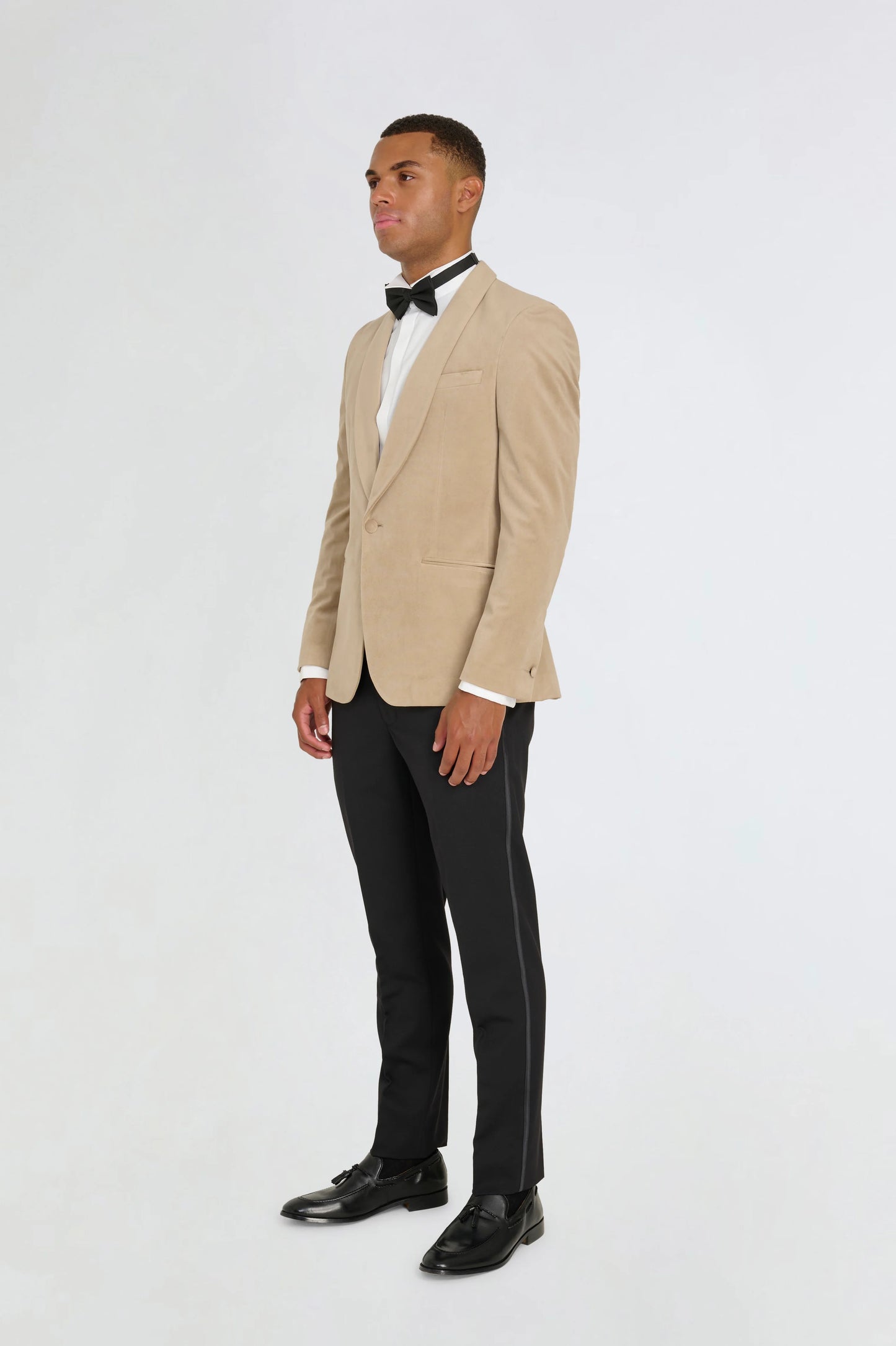 Ecru Velvet tuxedo jacket, with black waistcoat & trouser 3 piece suit for hire