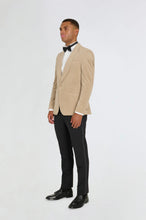 Load image into Gallery viewer, Ecru Velvet tuxedo jacket, with black waistcoat &amp; trouser 3 piece suit for hire
