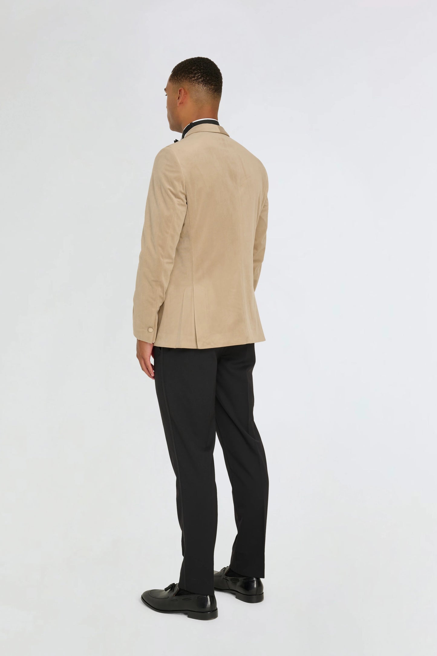 Ecru Velvet tuxedo jacket, with black waistcoat & trouser 3 piece suit for hire