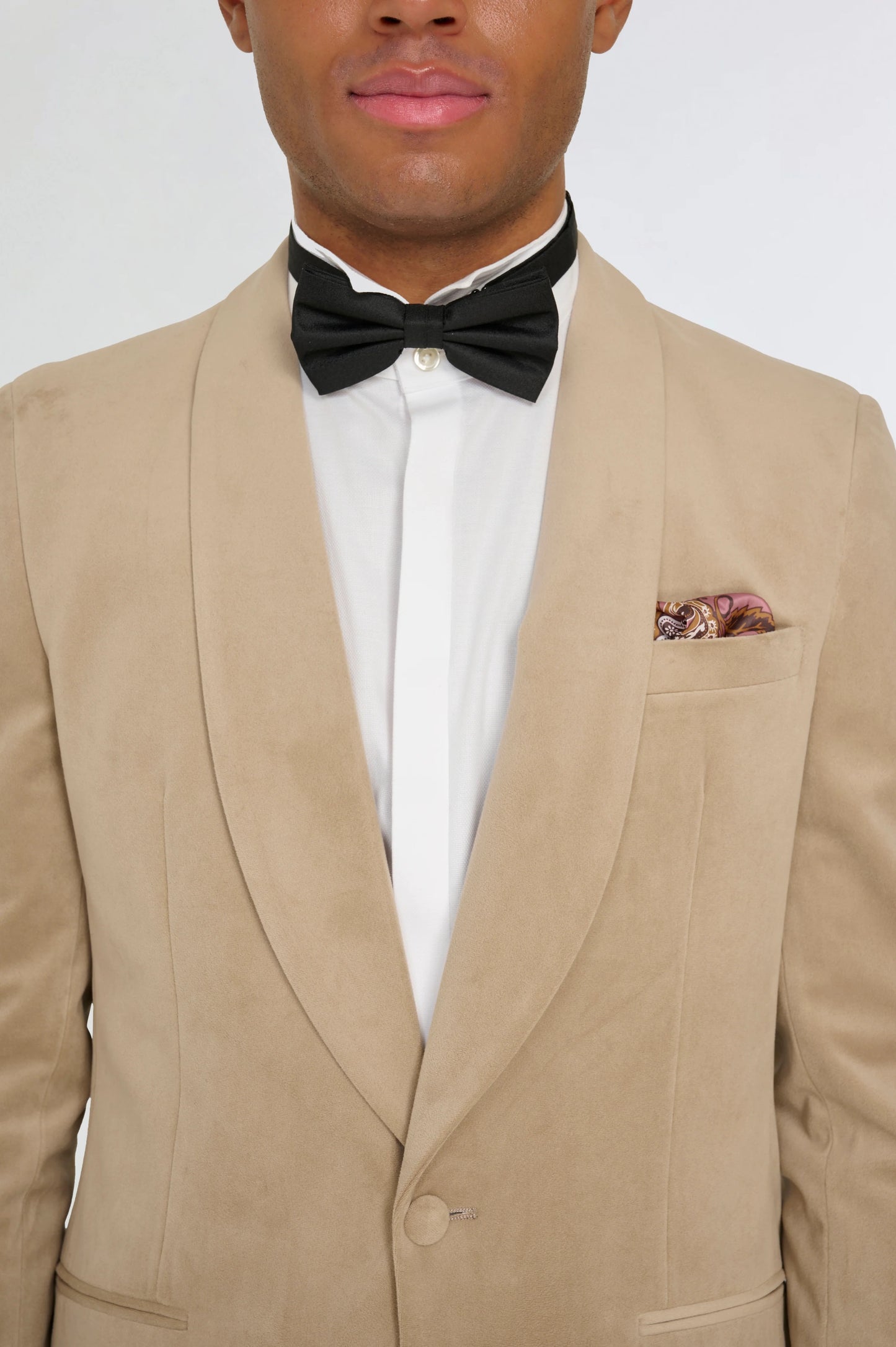 Ecru Velvet tuxedo jacket, with black waistcoat & trouser 3 piece suit for hire